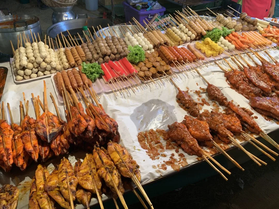 Skewers at market koh lanta thailand